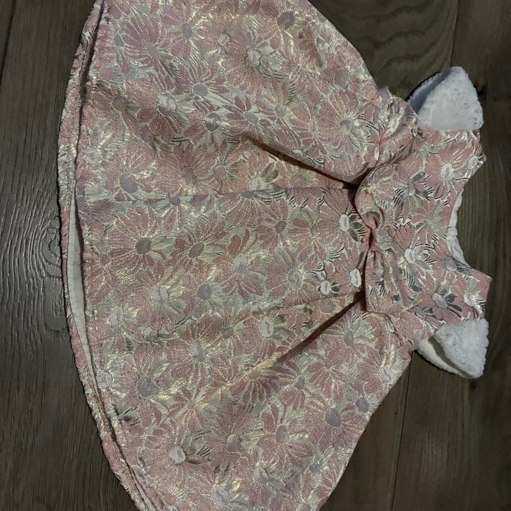Unbranded Floral Brocade Dress Women Pink New Faux Fur Trim Bow Metallic Daisy